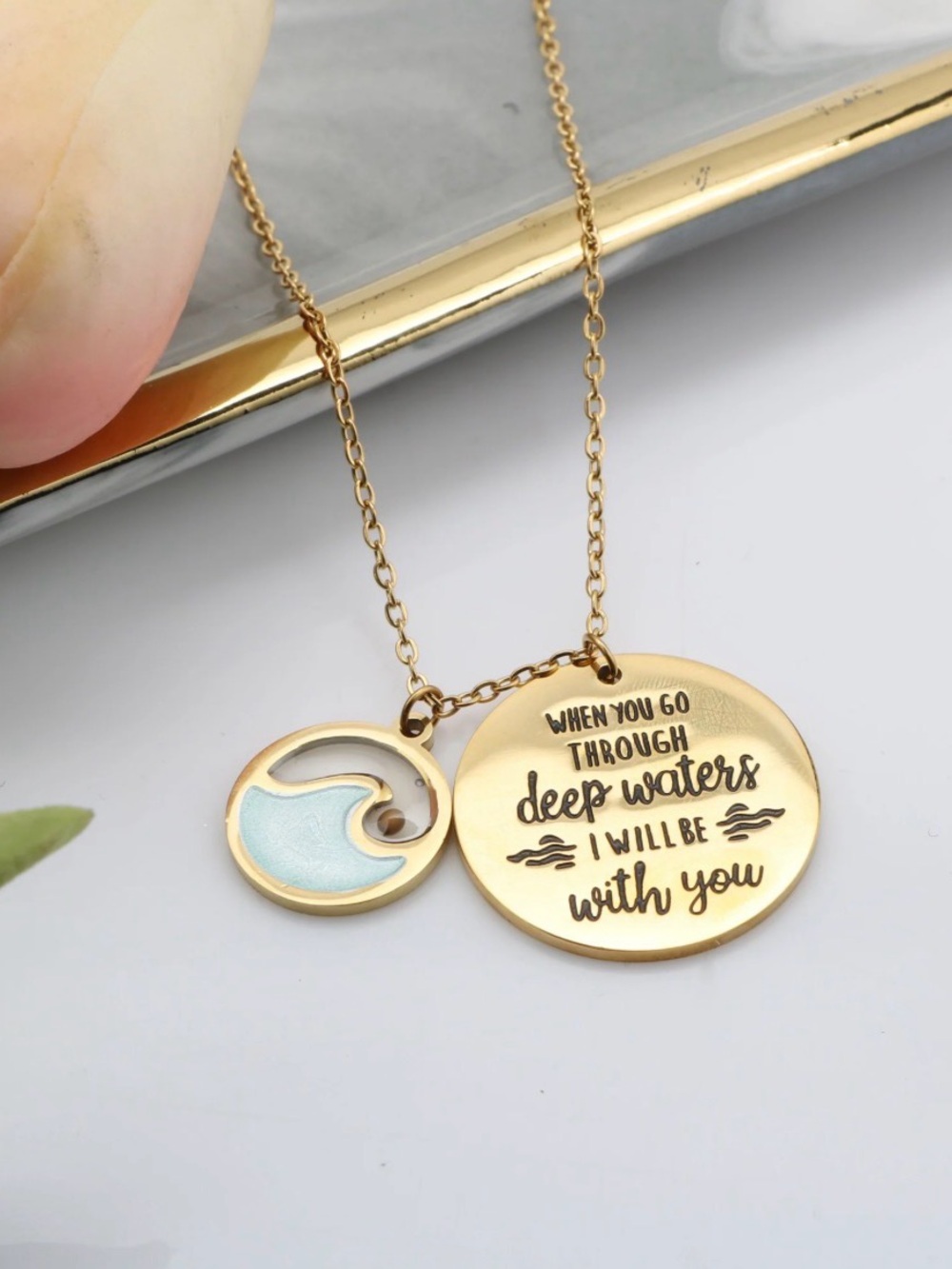 Faith and Joy Gold Inspirational 'Deep Waters' Necklace with Light Blue Accent